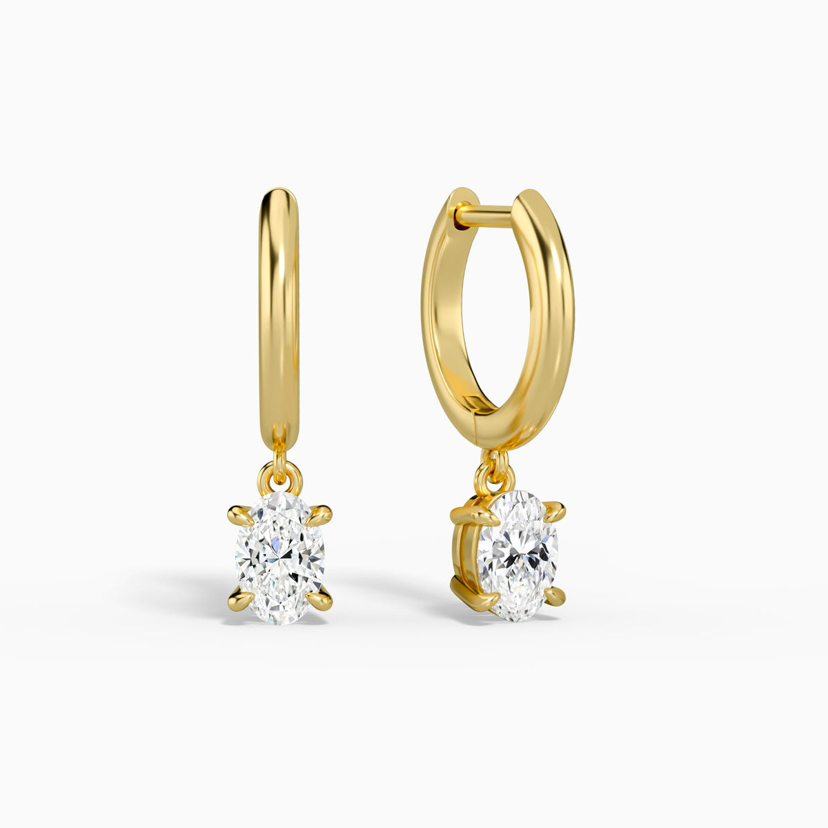 Oval Solitaire Drop Huggie Hoop Earrings in 14K Yellow Gold