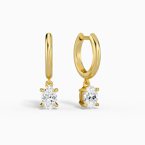 Oval Solitaire Drop Huggie Hoop Earrings in 14K Yellow Gold