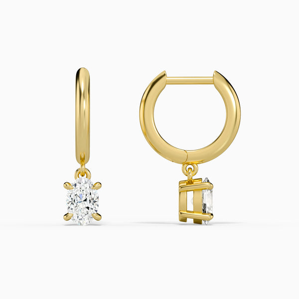 Oval Solitaire Drop Huggie Hoop Earrings in 14K Yellow Gold
