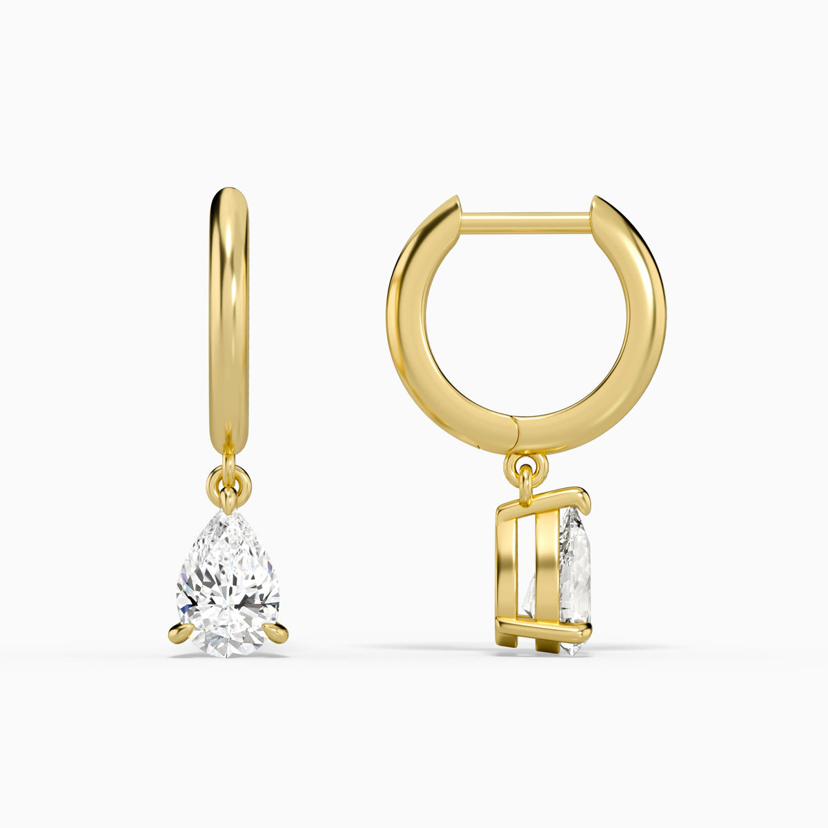 Pear Solitaire Drop Huggie Hoop Earrings in 14K Yellow Gold
