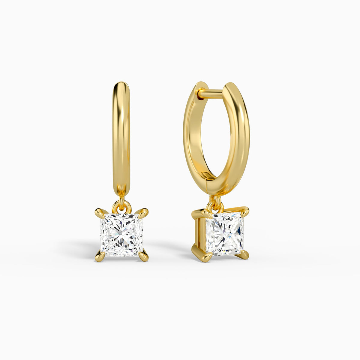 Princess Solitaire Drop Huggie Hoop Earrings in 14K Yellow Gold