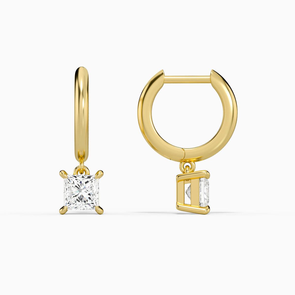 Princess Solitaire Drop Huggie Hoop Earrings in 14K Yellow Gold