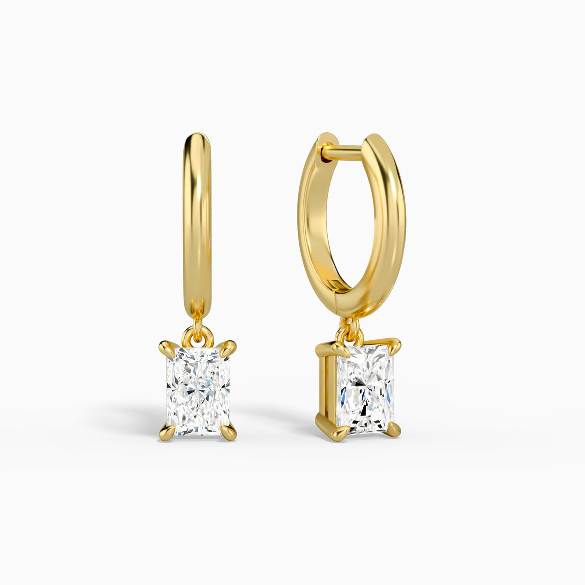 Radiant Solitaire Drop Huggie Hoop Earrings in 14K Yellow Gold