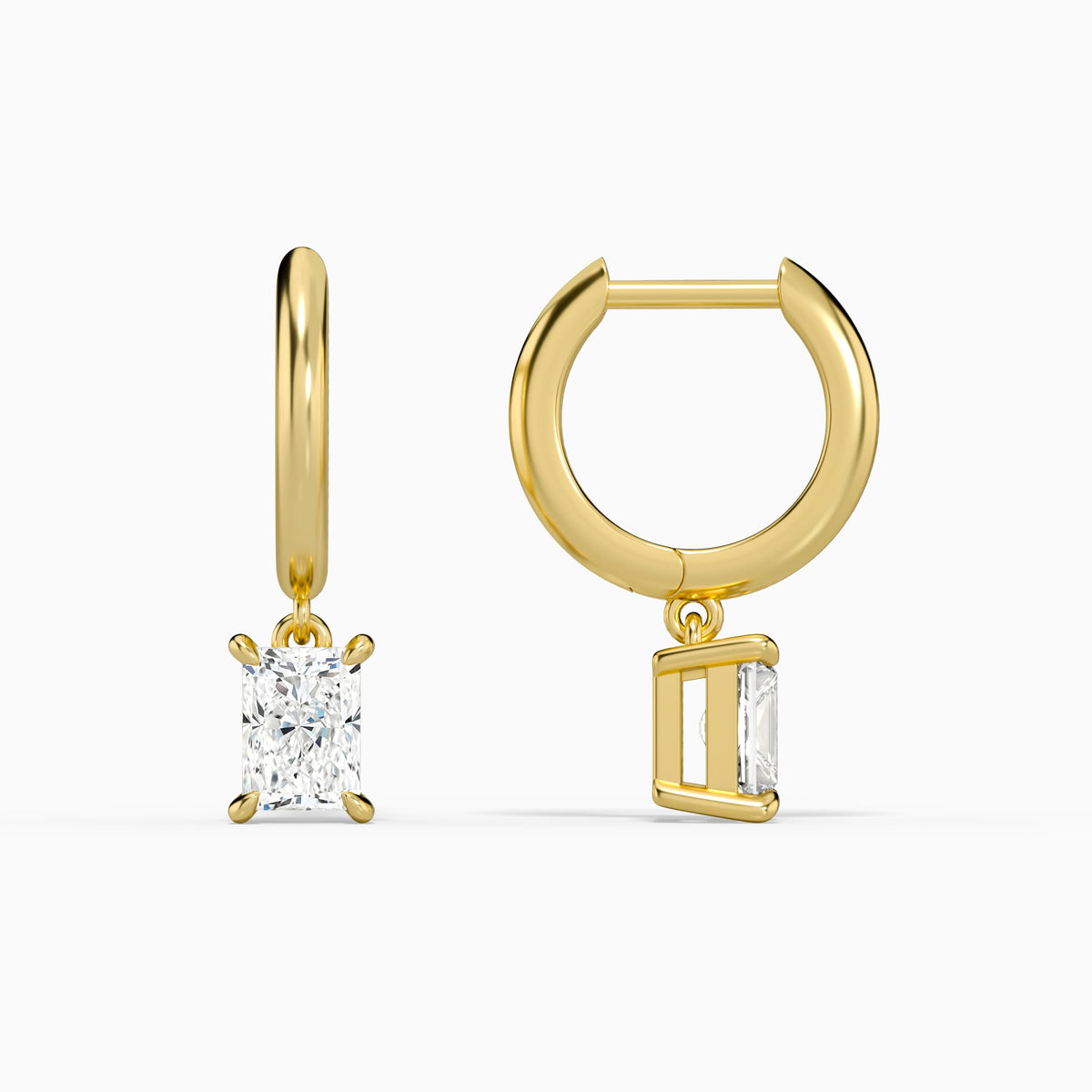 Radiant Solitaire Drop Huggie Hoop Earrings in 18K Yellow Gold