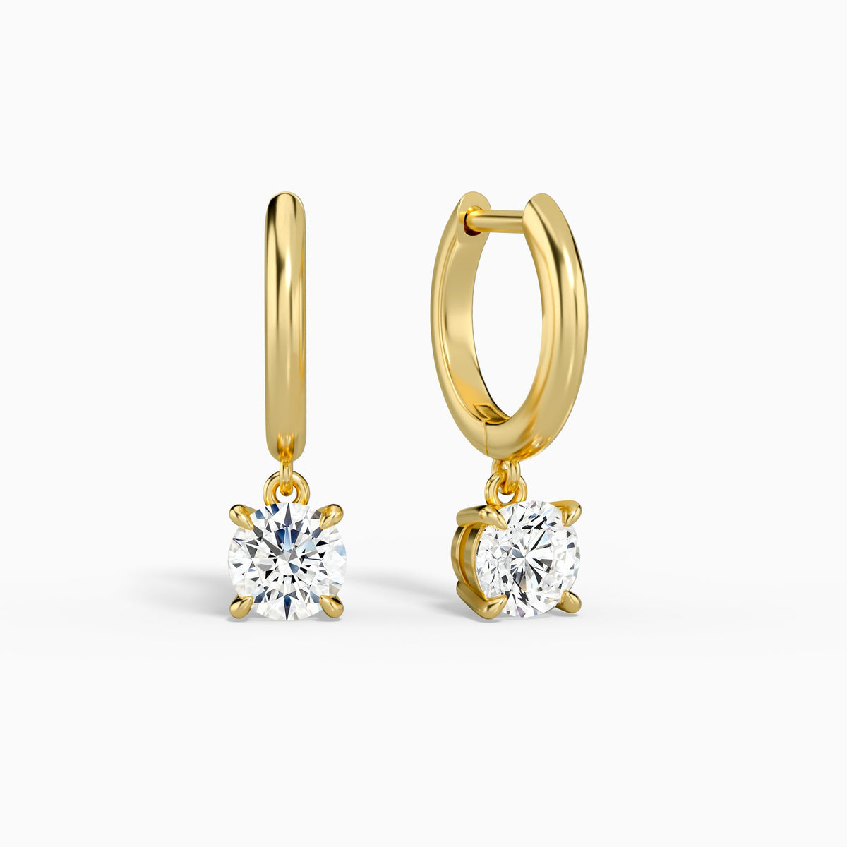 Round Solitaire Drop Huggie Hoop Earrings in 18K Yellow Gold