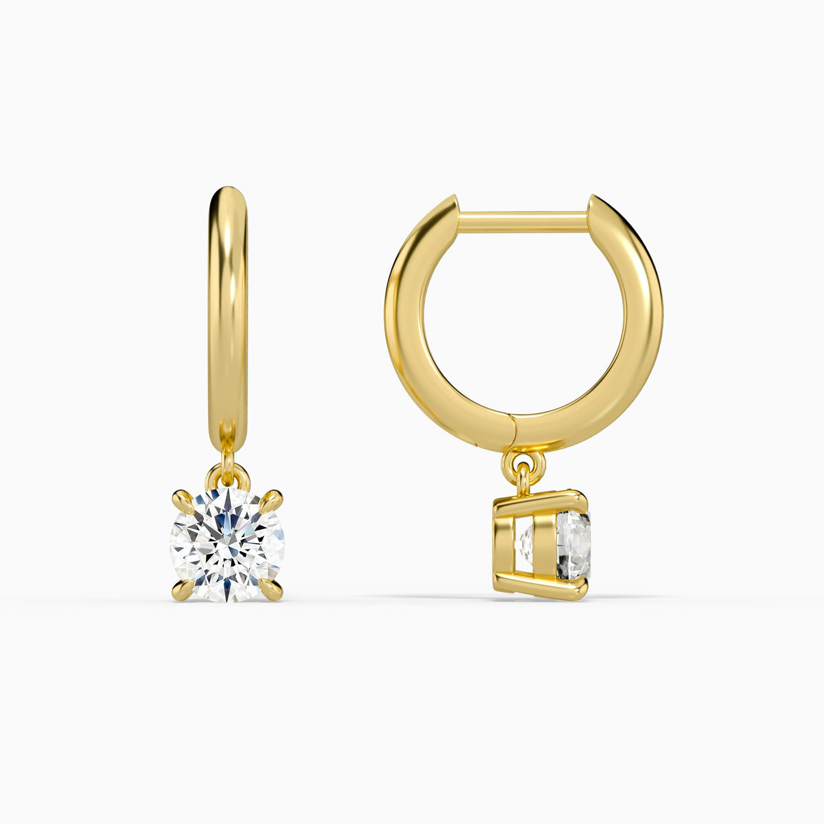 Round Solitaire Drop Huggie Hoop Earrings in 14K Yellow Gold