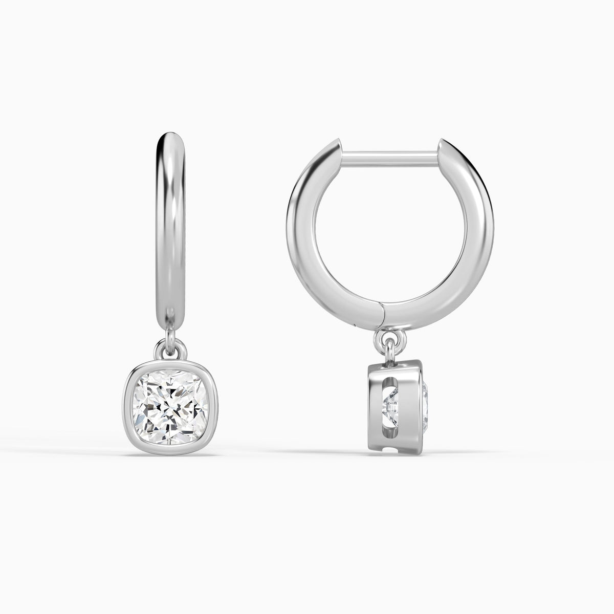 Cushion Bezel Drop Huggie Hoop Earrings in Platinum