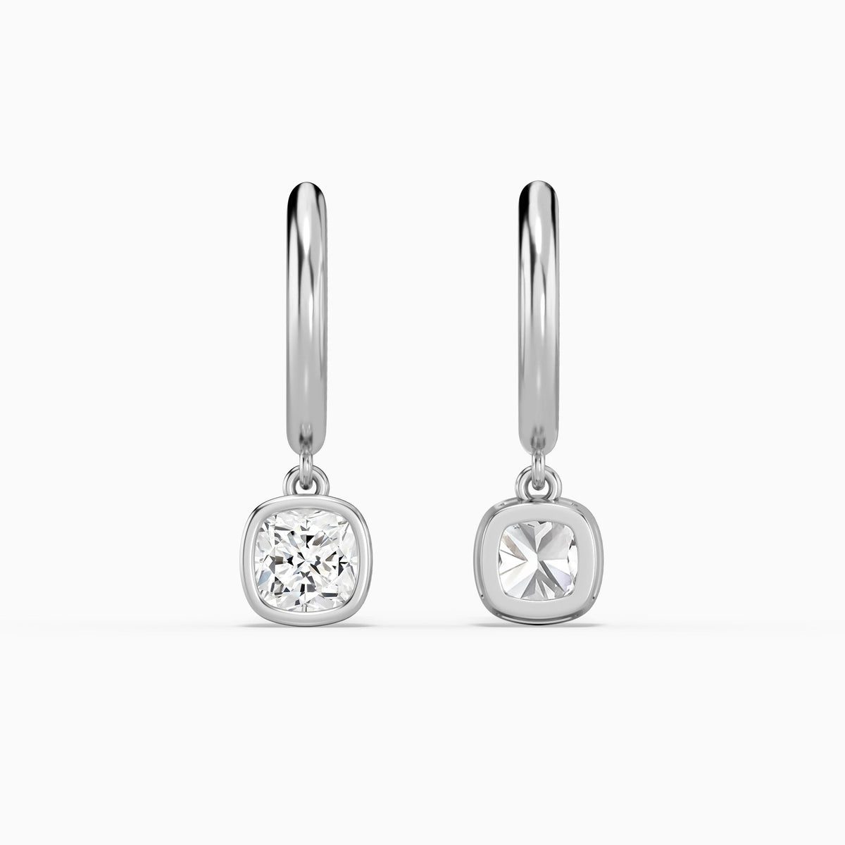 Cushion Bezel Drop Huggie Hoop Earrings in Platinum