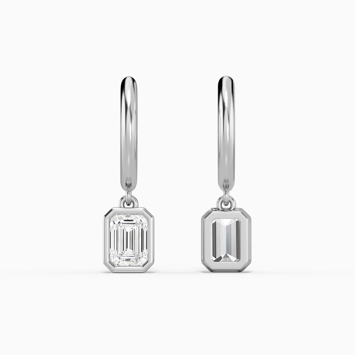 Emerald Bezel Drop Huggie Hoop Earrings in Platinum