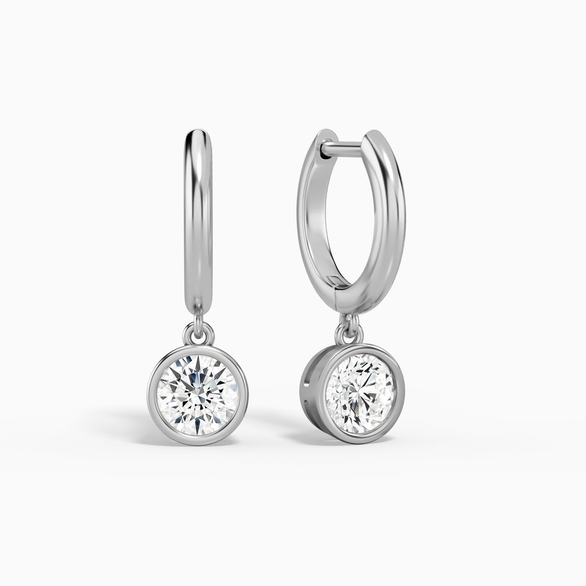 Round Bezel Drop Huggie Hoop Earrings in Platinum