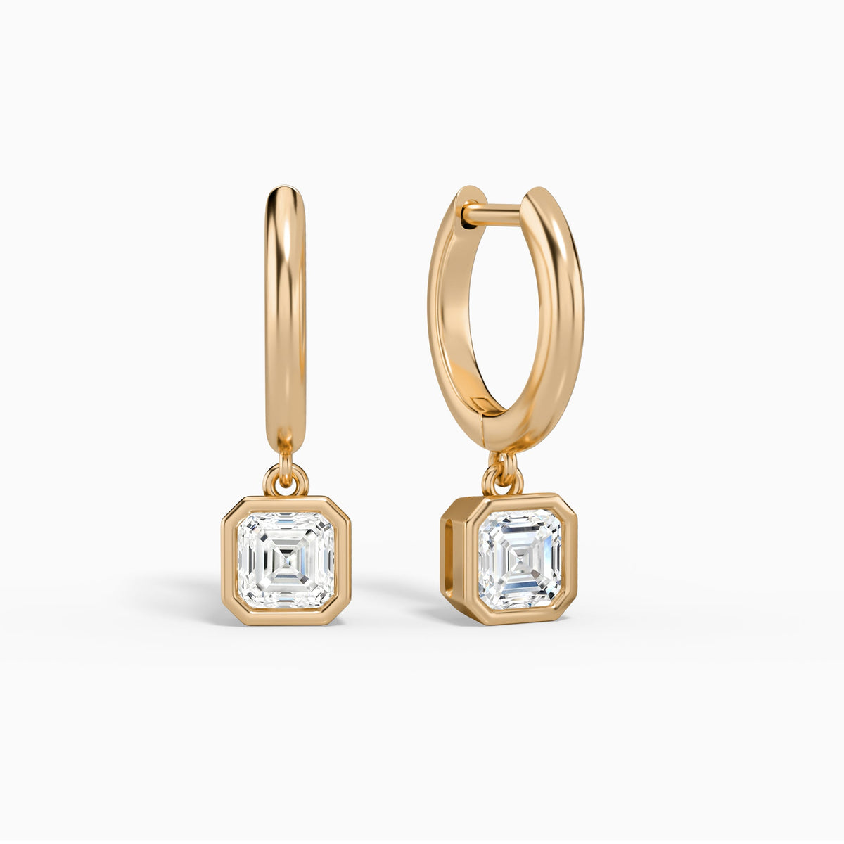 Asscher Bezel Drop Huggie Hoop Earrings in 14K Rose Gold