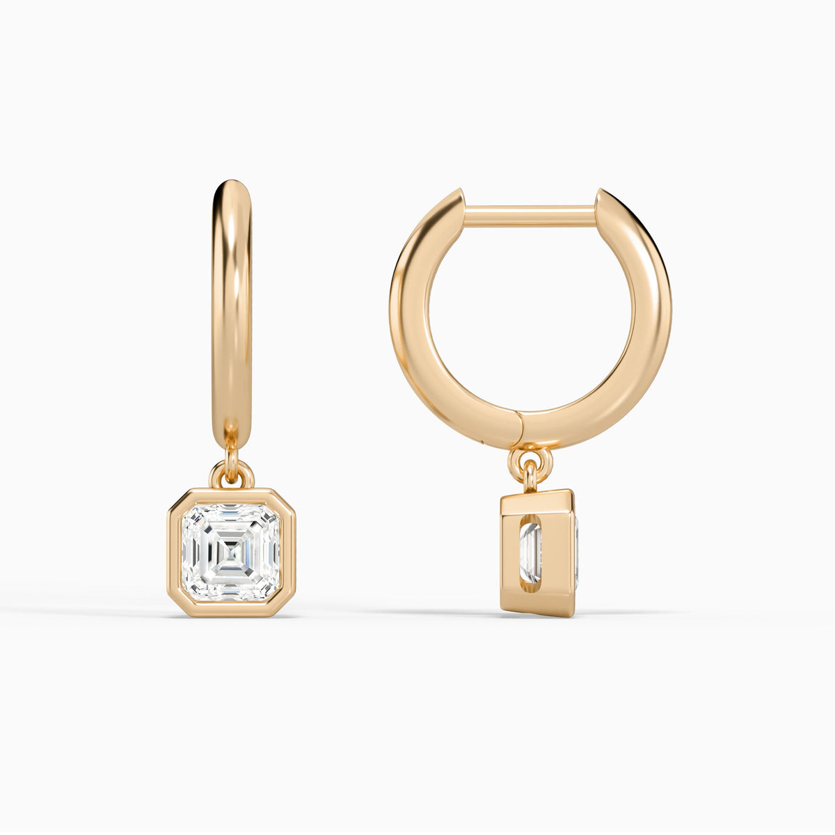 Asscher Bezel Drop Huggie Hoop Earrings in 14K Rose Gold