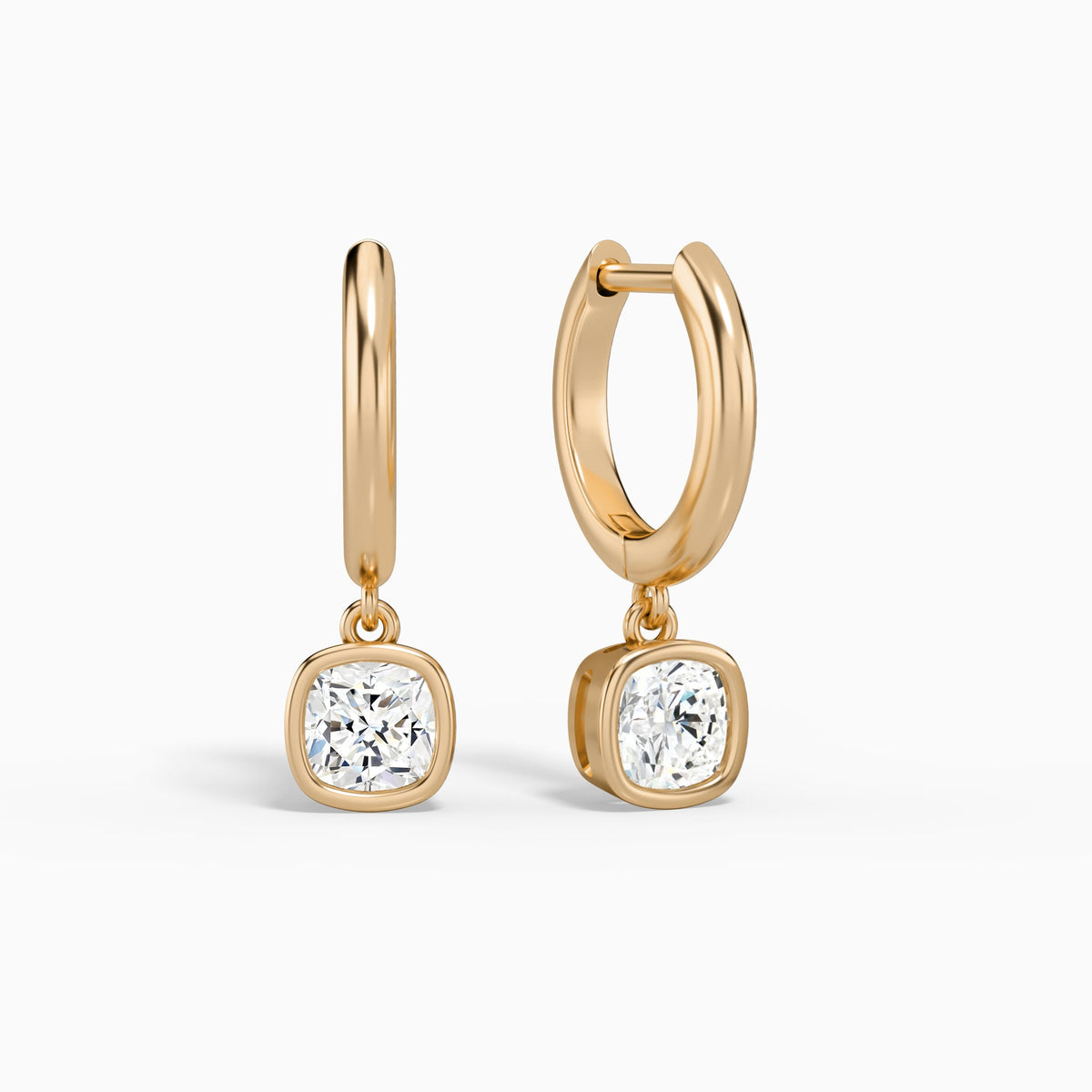 Cushion Bezel Drop Huggie Hoop Earrings in 14K Rose Gold