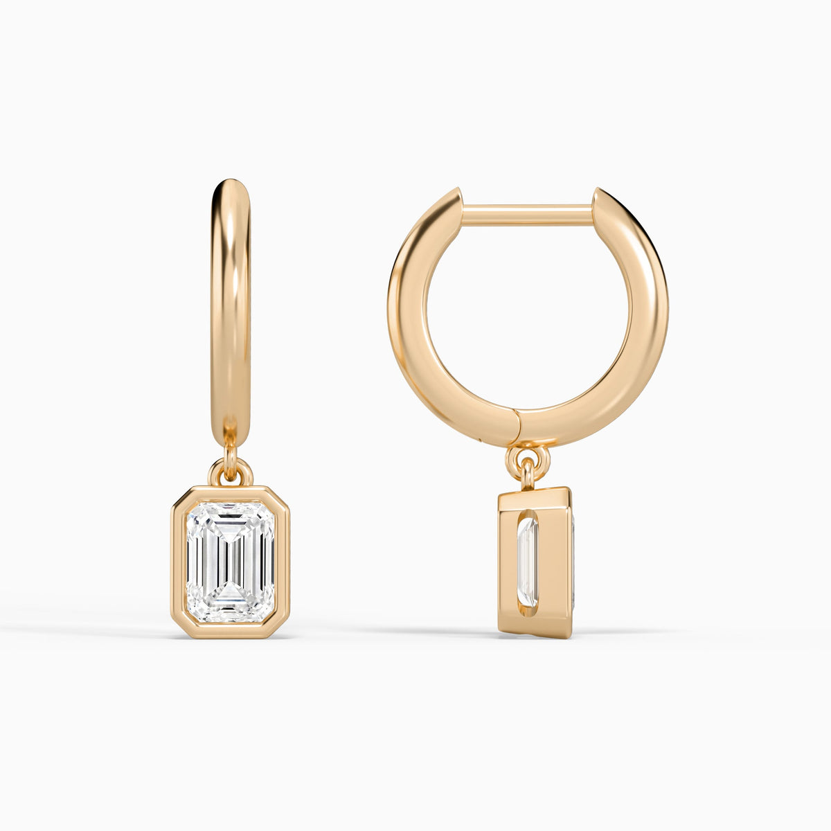Emerald Bezel Drop Huggie Hoop Earrings in 14K Rose Gold