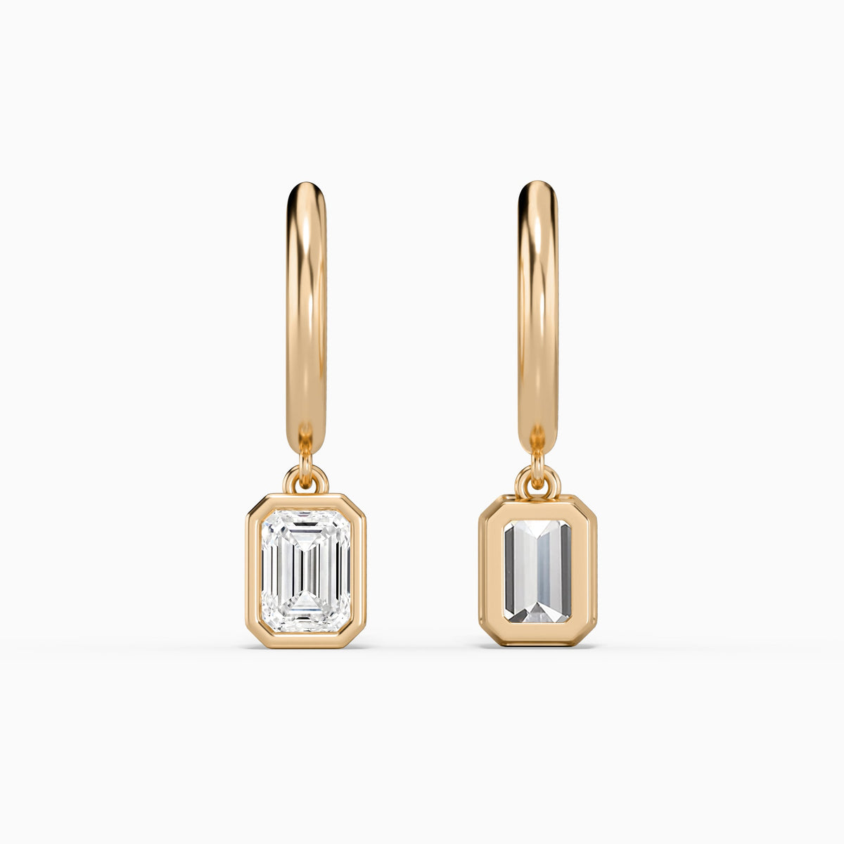Emerald Bezel Drop Huggie Hoop Earrings in 14K Rose Gold