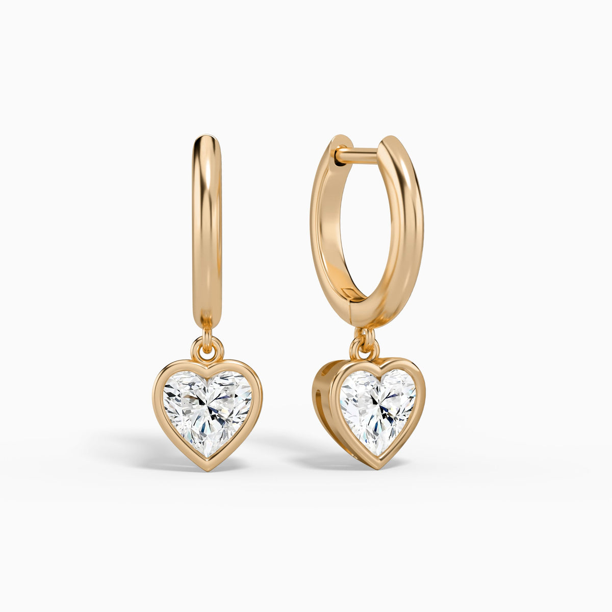 Heart Bezel Drop Huggie Hoop Earrings in 14K Rose Gold