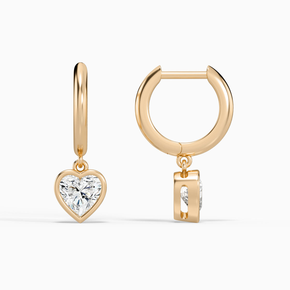 Heart Bezel Drop Huggie Hoop Earrings in 14K Rose Gold