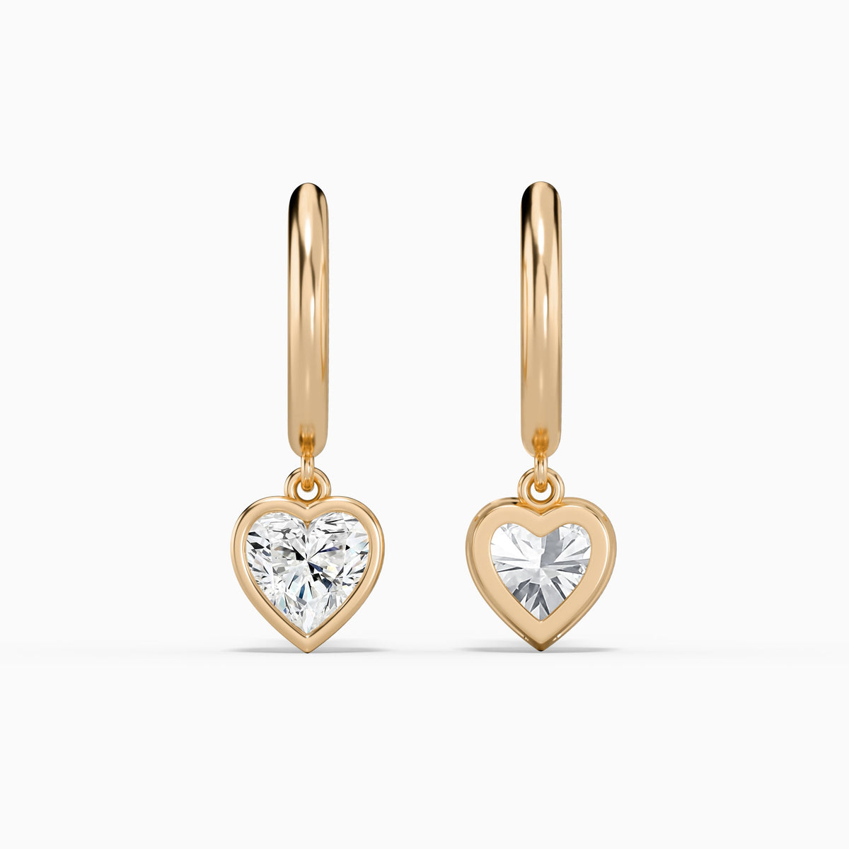 Heart Bezel Drop Huggie Hoop Earrings in 14K Rose Gold