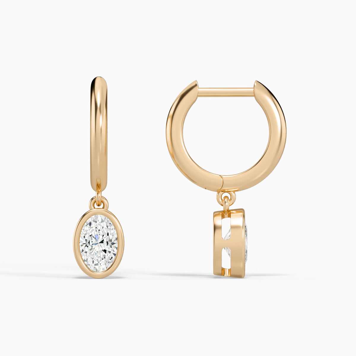 Oval Bezel Drop Huggie Hoop Earrings in 14K Rose Gold