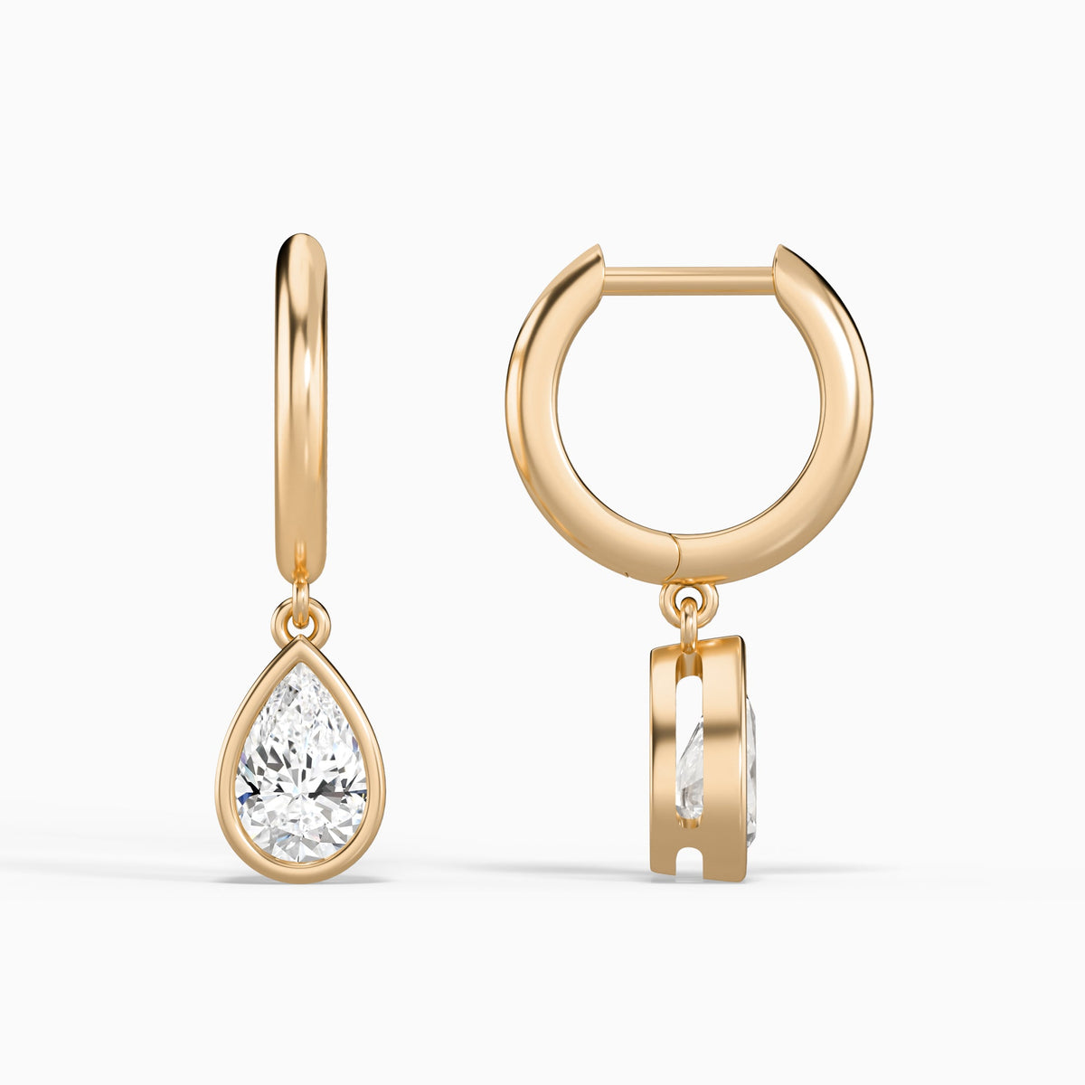 Pear Bezel Drop Huggie Hoop Earrings in 14K Rose Gold