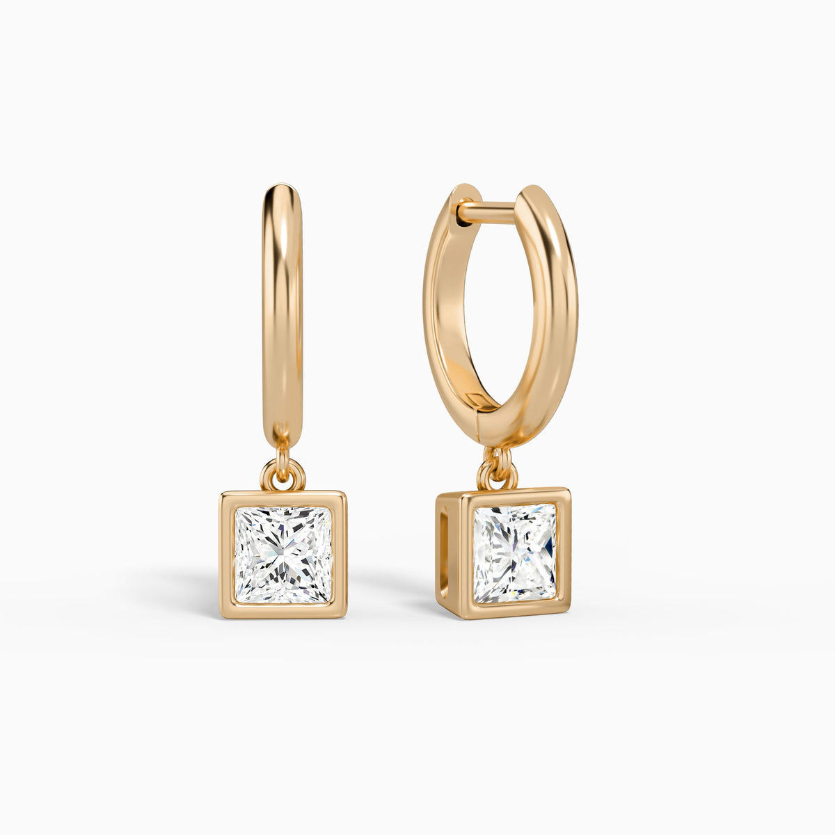 Princess Bezel Drop Huggie Hoop Earrings in 14K Rose Gold
