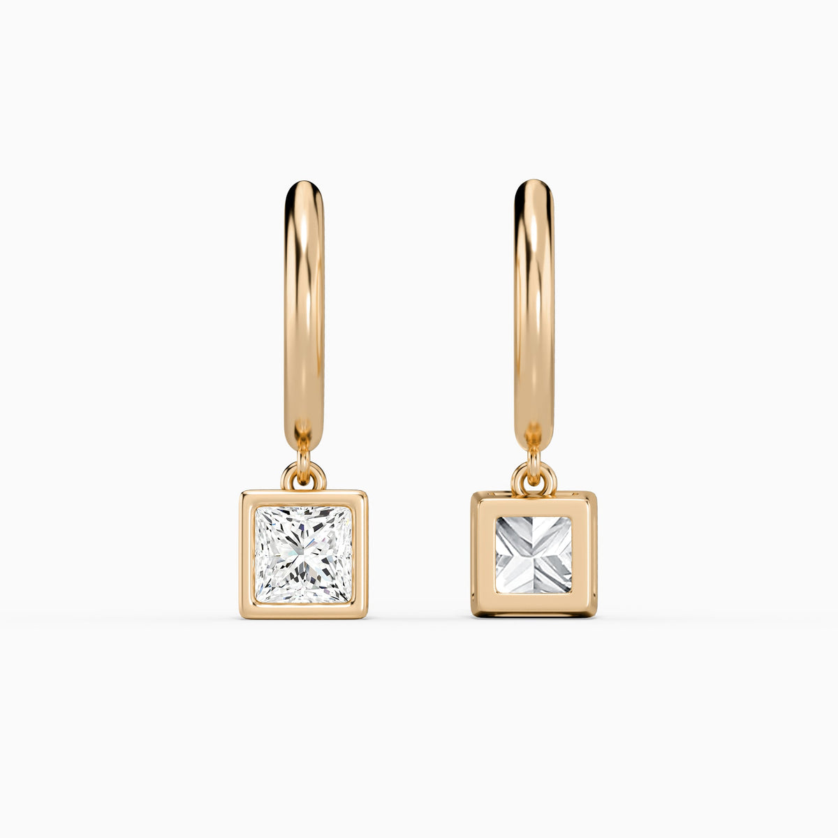 Princess Bezel Drop Huggie Hoop Earrings in 14K Rose Gold