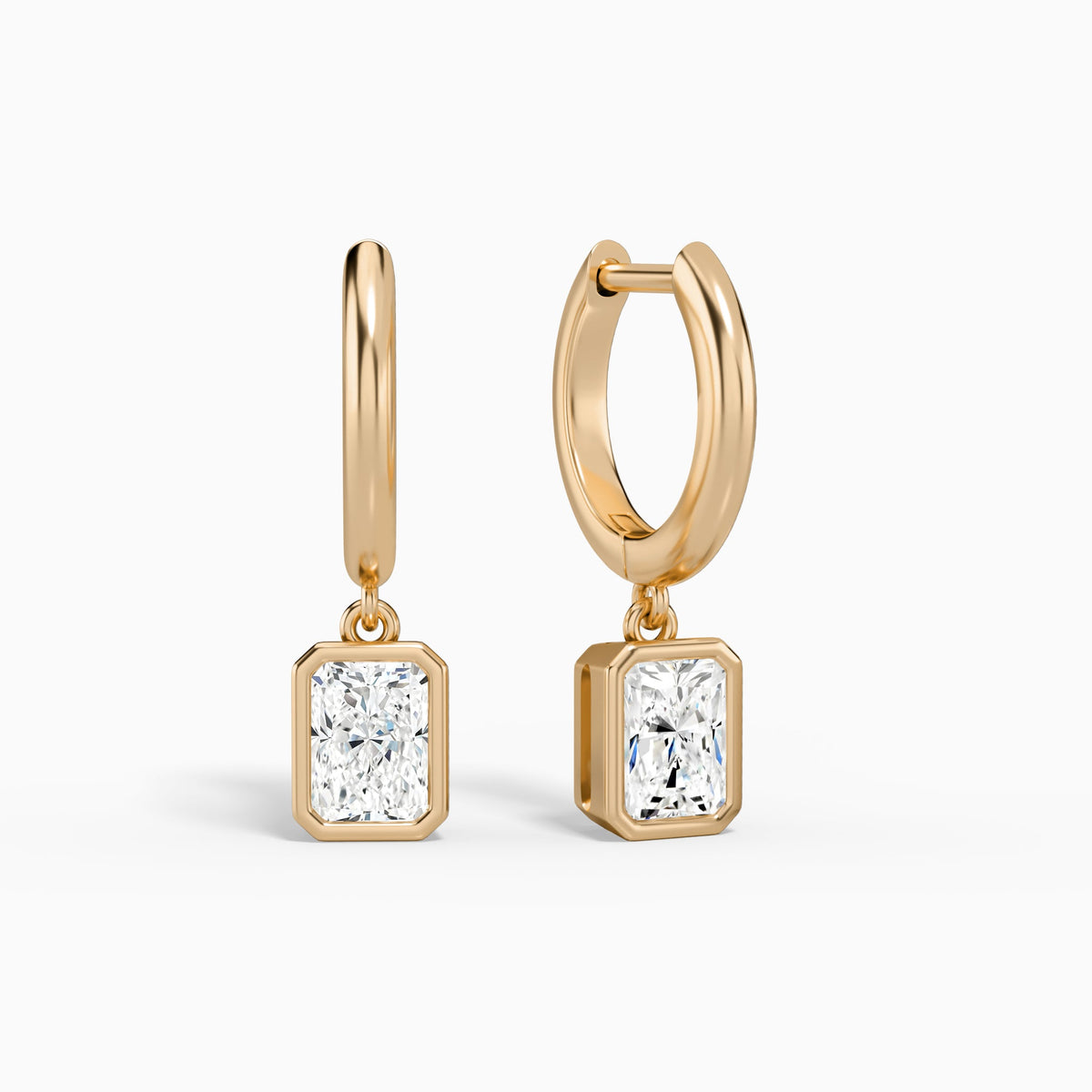 Radiant Bezel Drop Huggie Hoop Earrings in 14K Rose Gold