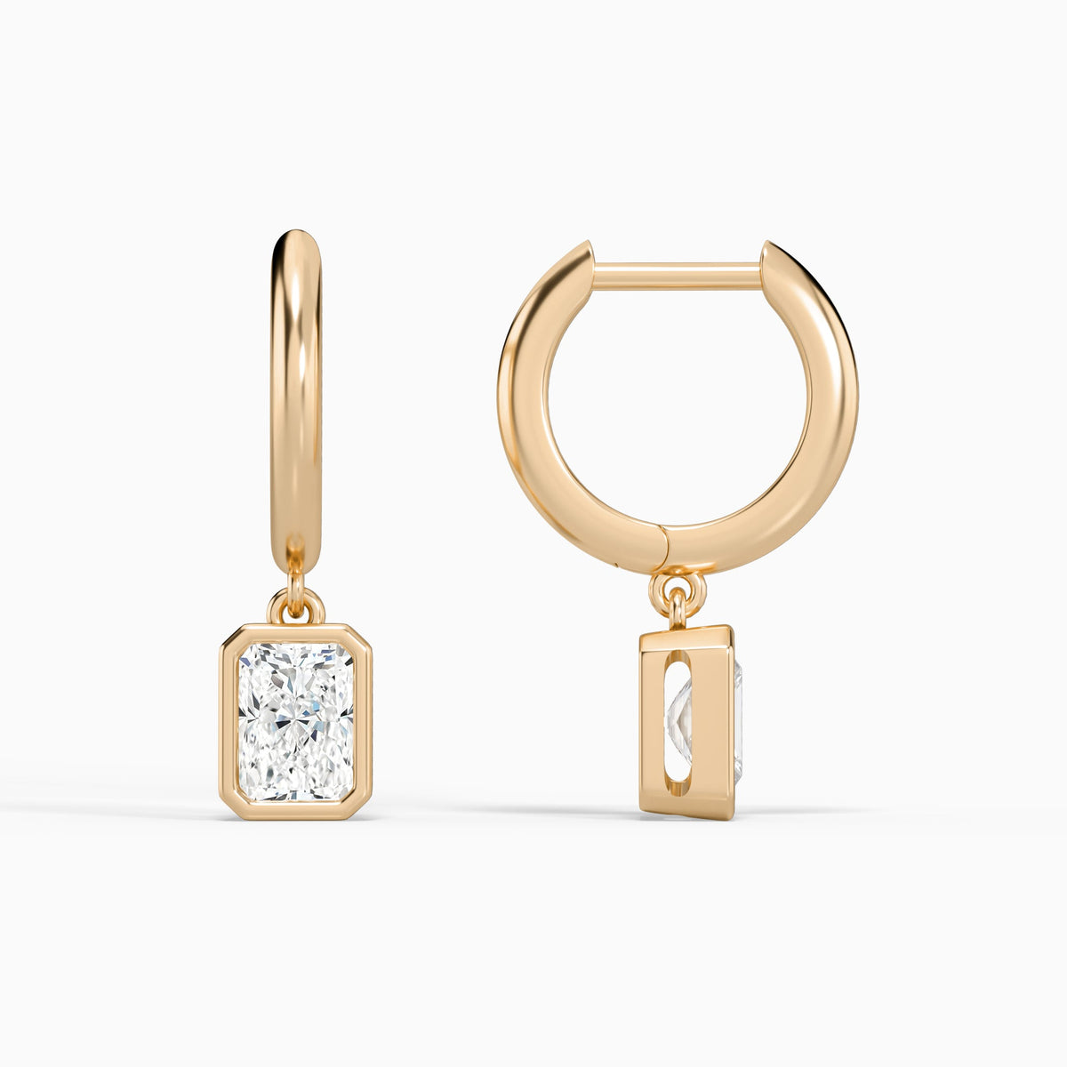Radiant Bezel Drop Huggie Hoop Earrings in 14K Rose Gold