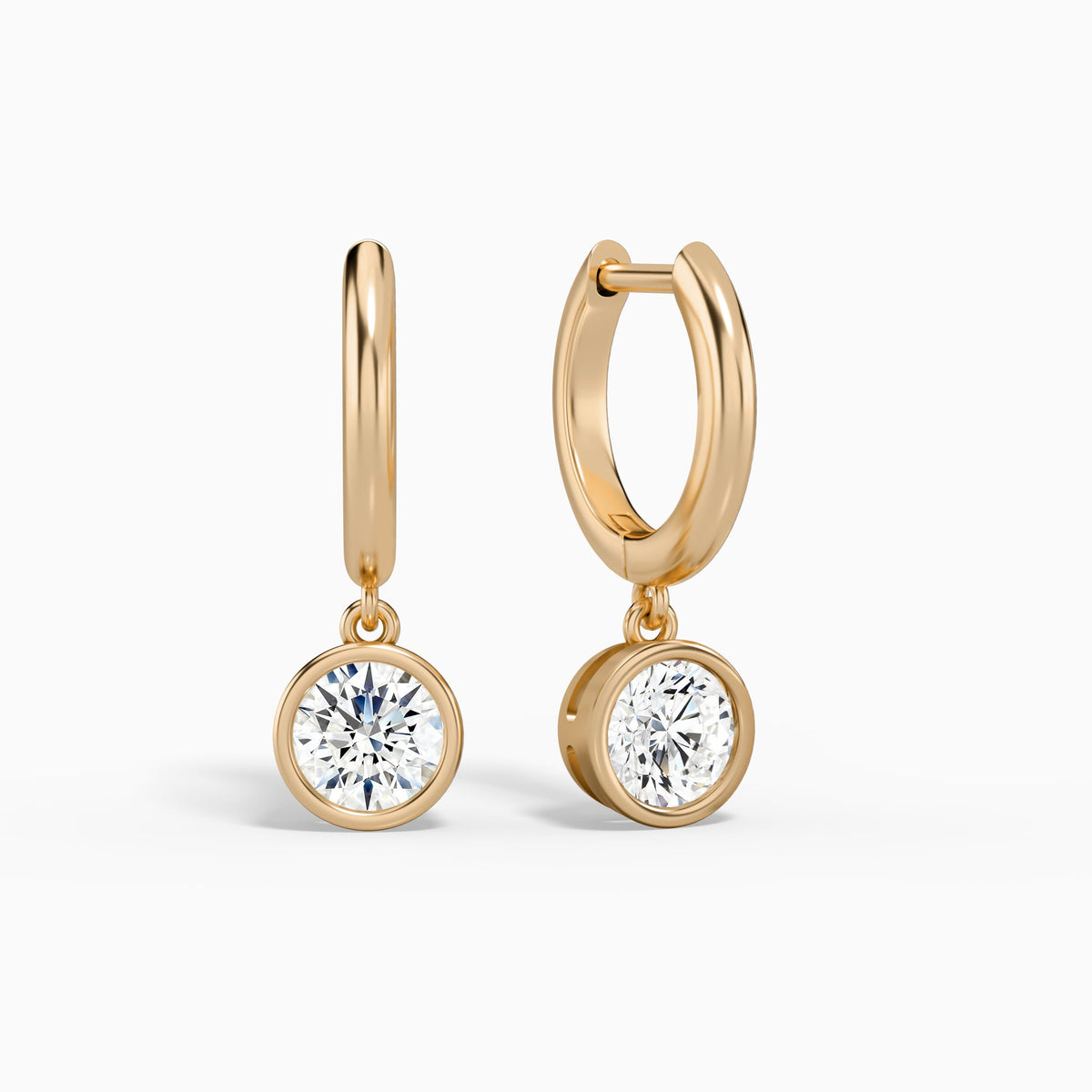 Round Bezel Drop Huggie Hoop Earrings in 14K Rose Gold