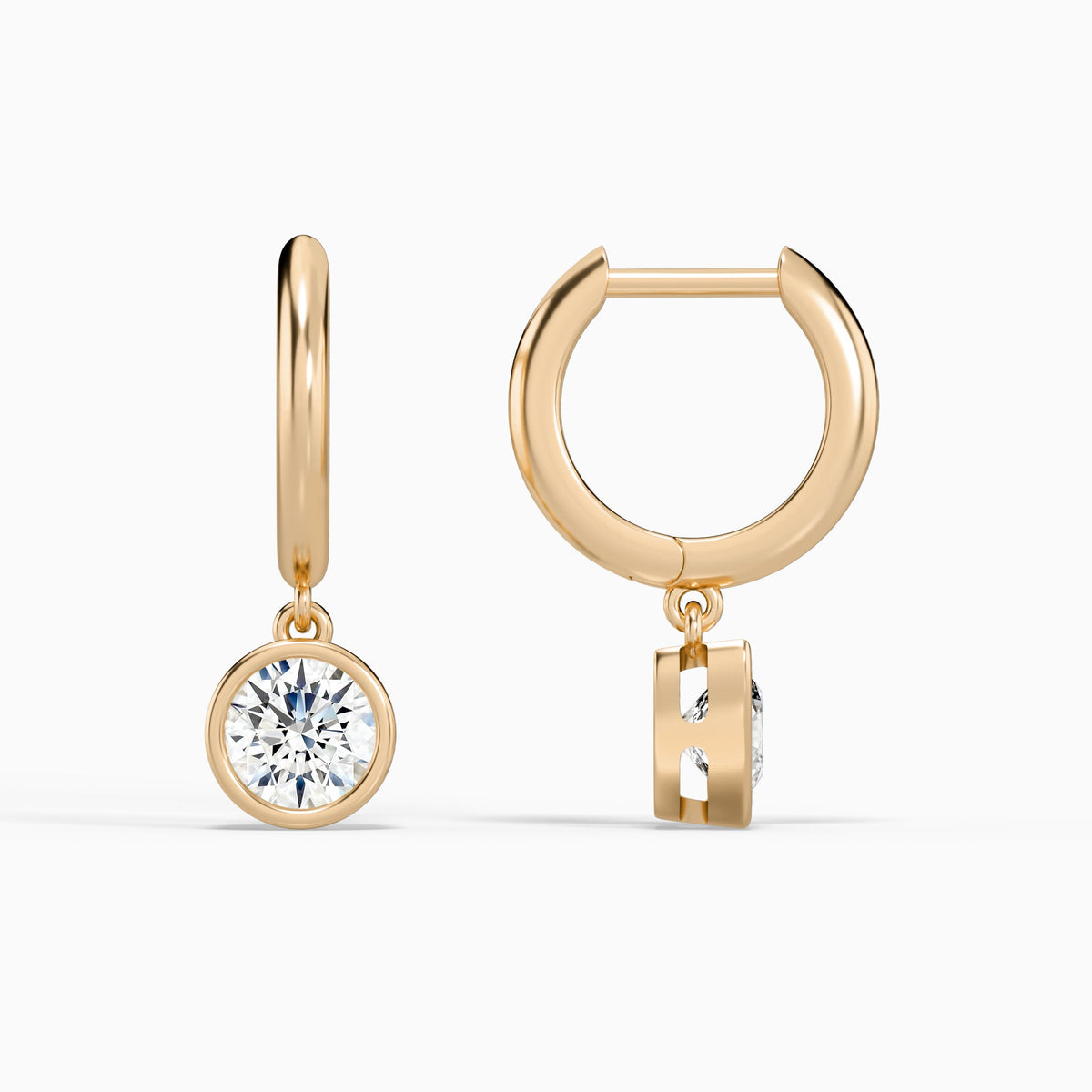 Round Bezel Drop Huggie Hoop Earrings in 14K Rose Gold