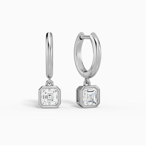 Asscher Bezel Drop Huggie Hoop Earrings in 14K White Gold