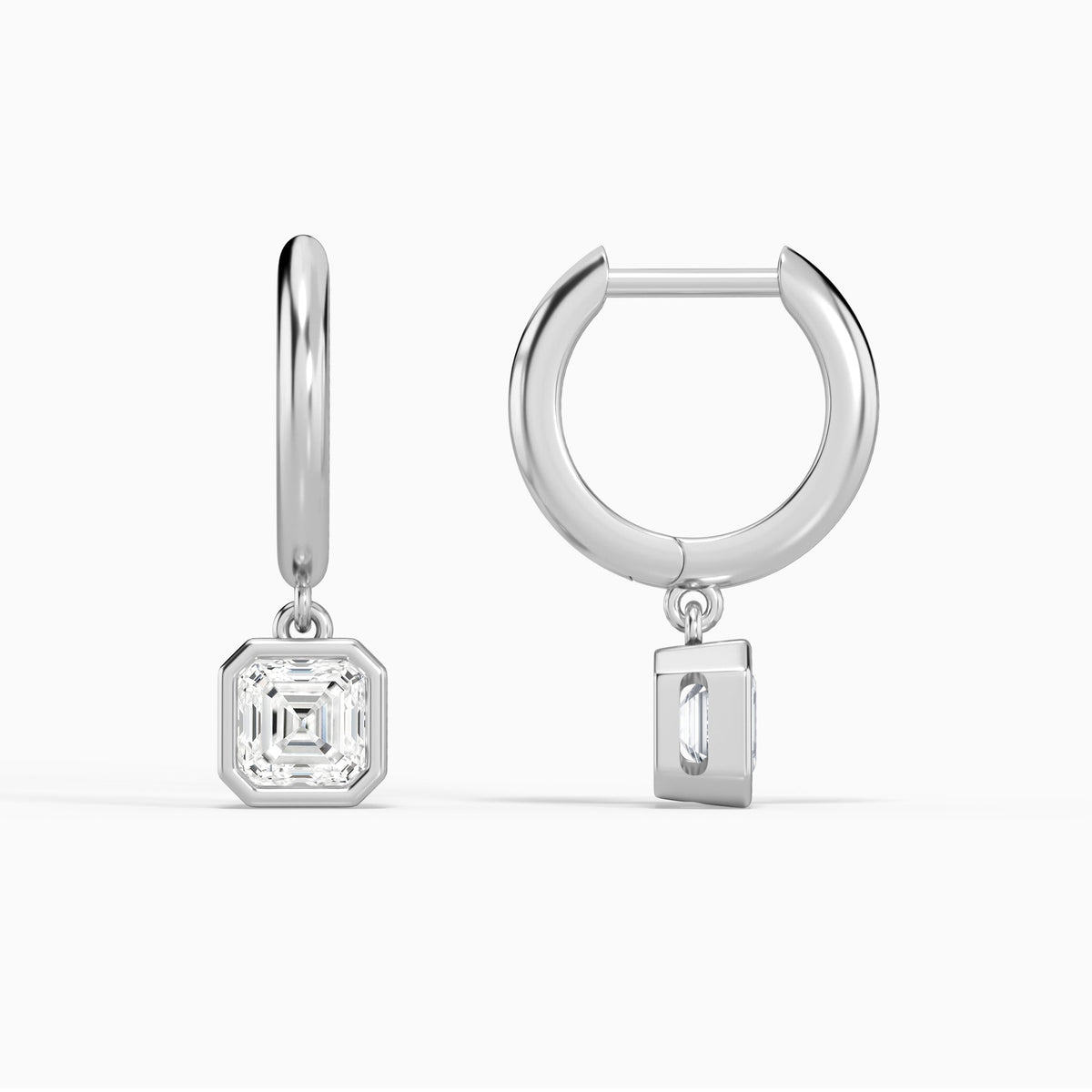 Asscher Bezel Drop Huggie Hoop Earrings in 18K White Gold