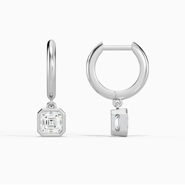 Asscher Bezel Drop Huggie Hoop Earrings in 14K White Gold