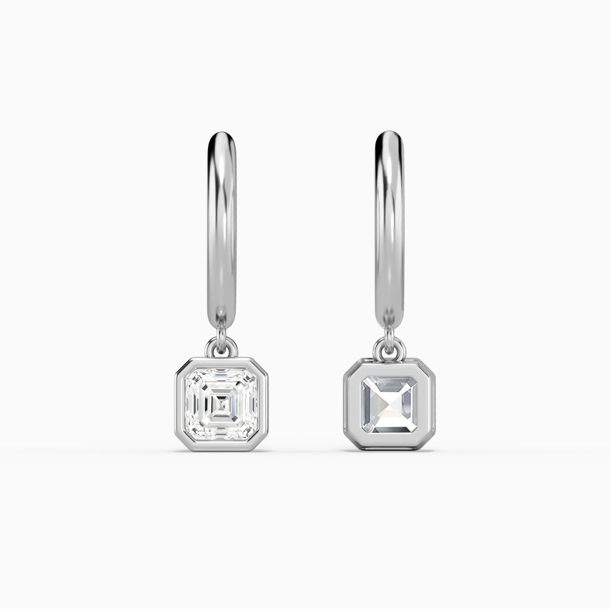 Asscher Bezel Drop Huggie Hoop Earrings in 14K White Gold