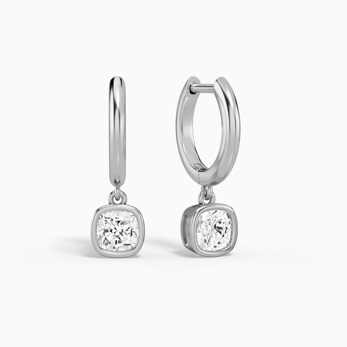 Cushion Bezel Drop Huggie Hoop Earrings in 14K White Gold