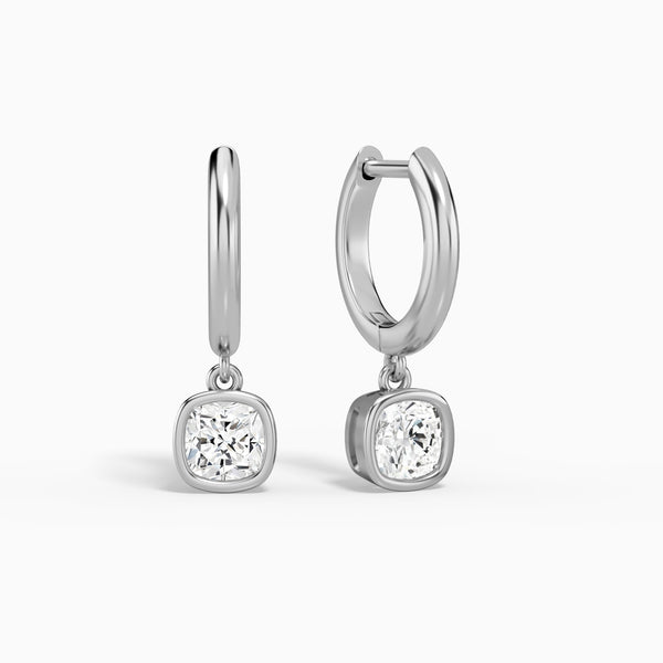 Cushion Bezel Drop Huggie Hoop Earrings in 14K White Gold