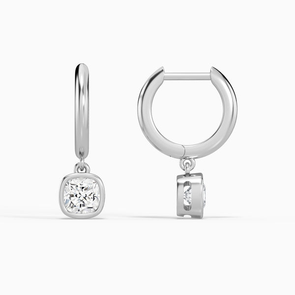 Cushion Bezel Drop Huggie Hoop Earrings in 14K White Gold