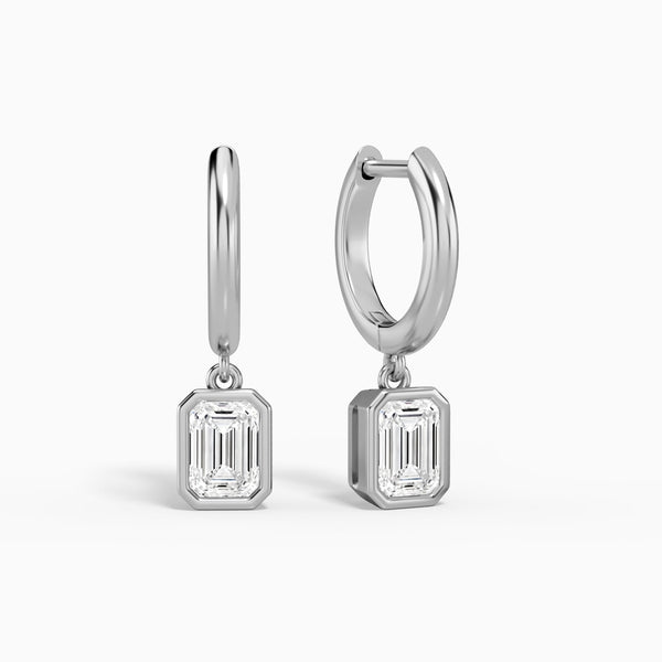 Emerald Bezel Drop Huggie Hoop Earrings in 14K White Gold