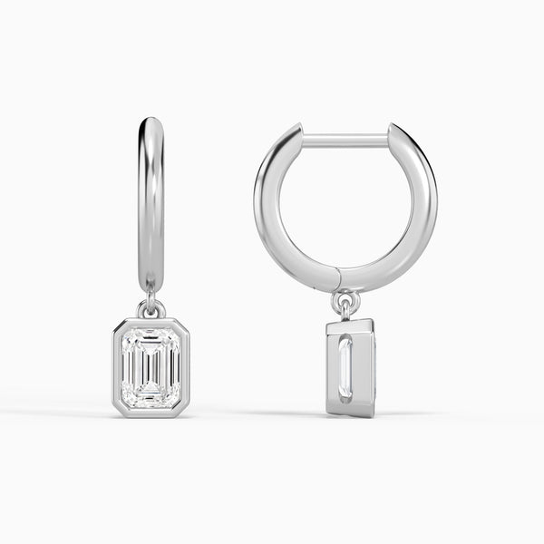 Emerald Bezel Drop Huggie Hoop Earrings in 14K White Gold