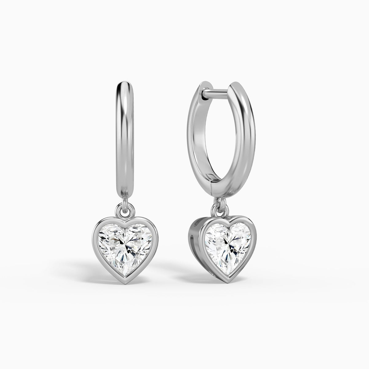 Heart Bezel Drop Huggie Hoop Earrings in 14K White Gold
