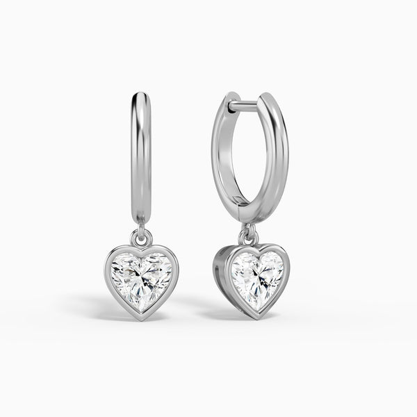 Heart Bezel Drop Huggie Hoop Earrings in 14K White Gold