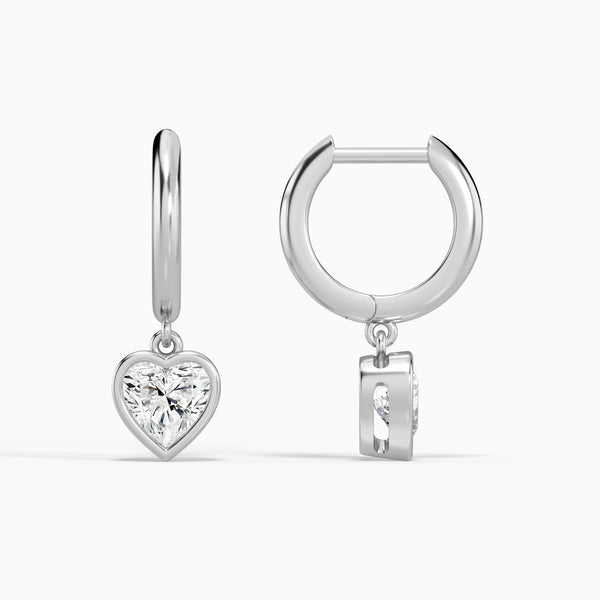 Heart Bezel Drop Huggie Hoop Earrings in 14K White Gold