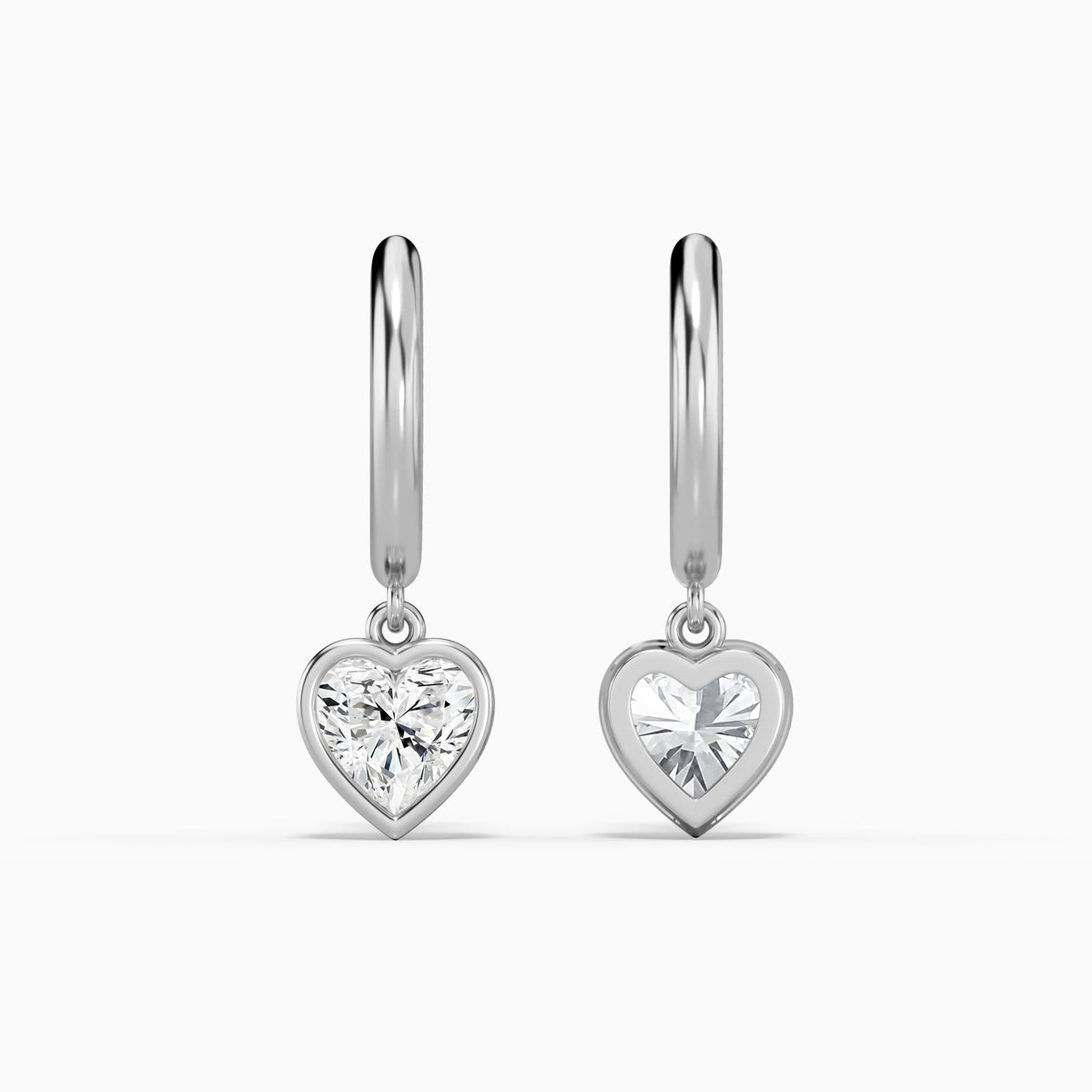 Heart Bezel Drop Huggie Hoop Earrings in 14K White Gold
