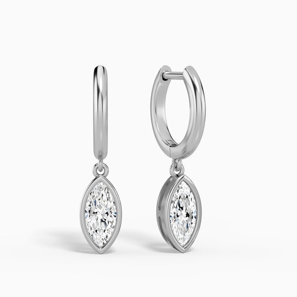 Marquise Bezel Drop Huggie Hoop Earrings in 14K White Gold