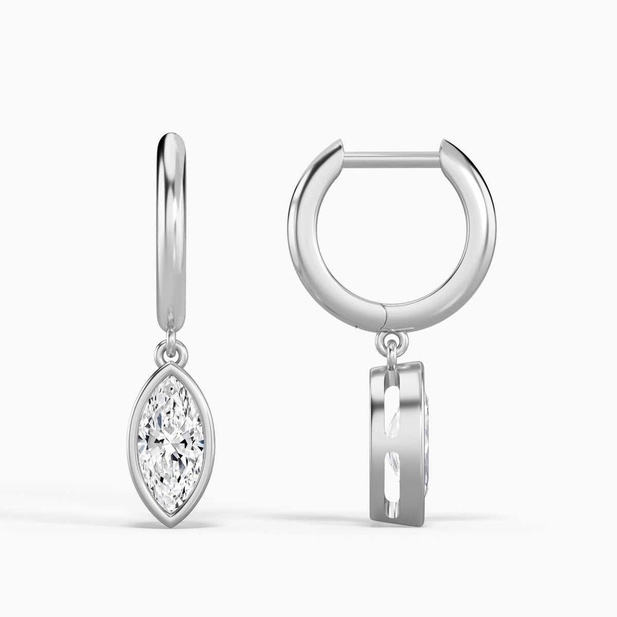 Marquise Bezel Drop Huggie Hoop Earrings in 18K White Gold
