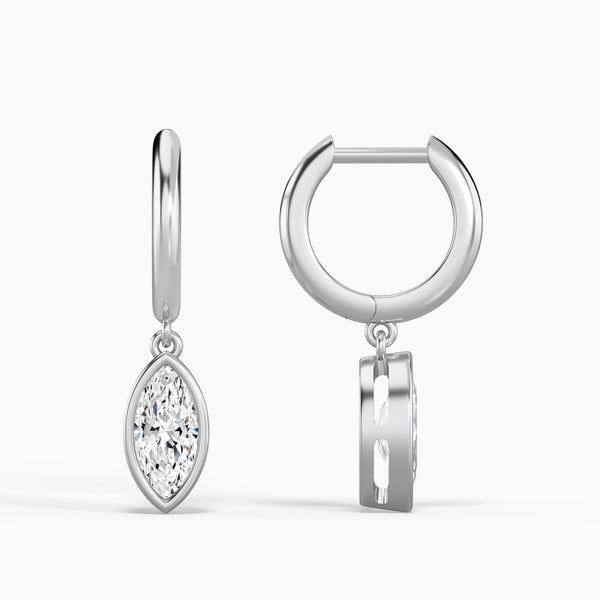 Marquise Bezel Drop Huggie Hoop Earrings in 14K White Gold