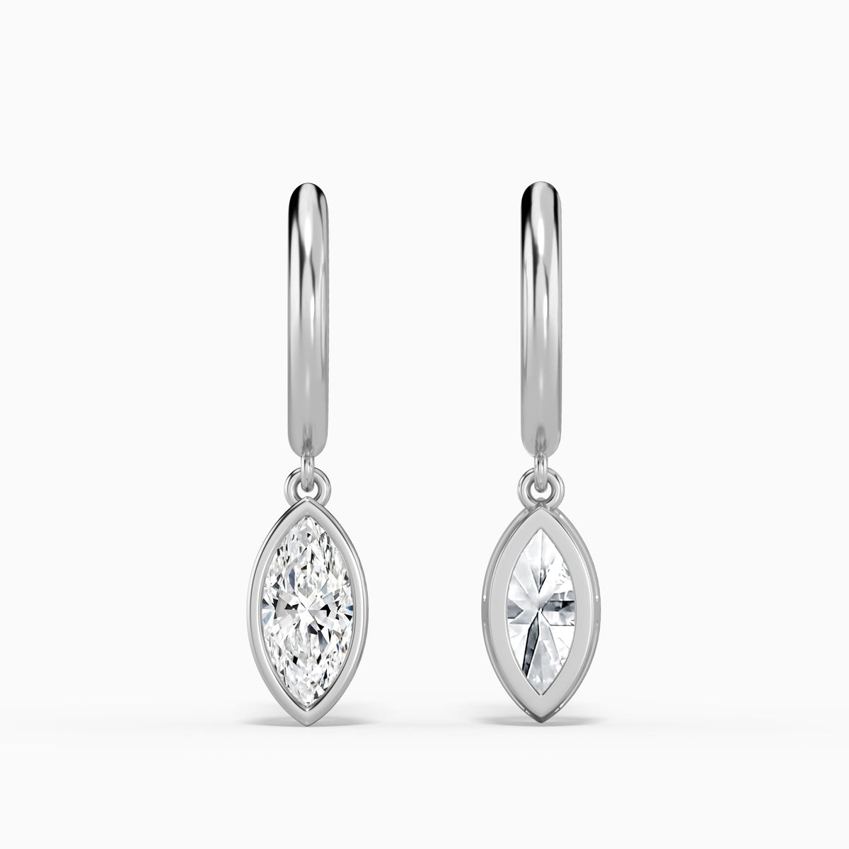 Marquise Bezel Drop Huggie Hoop Earrings in 18K White Gold