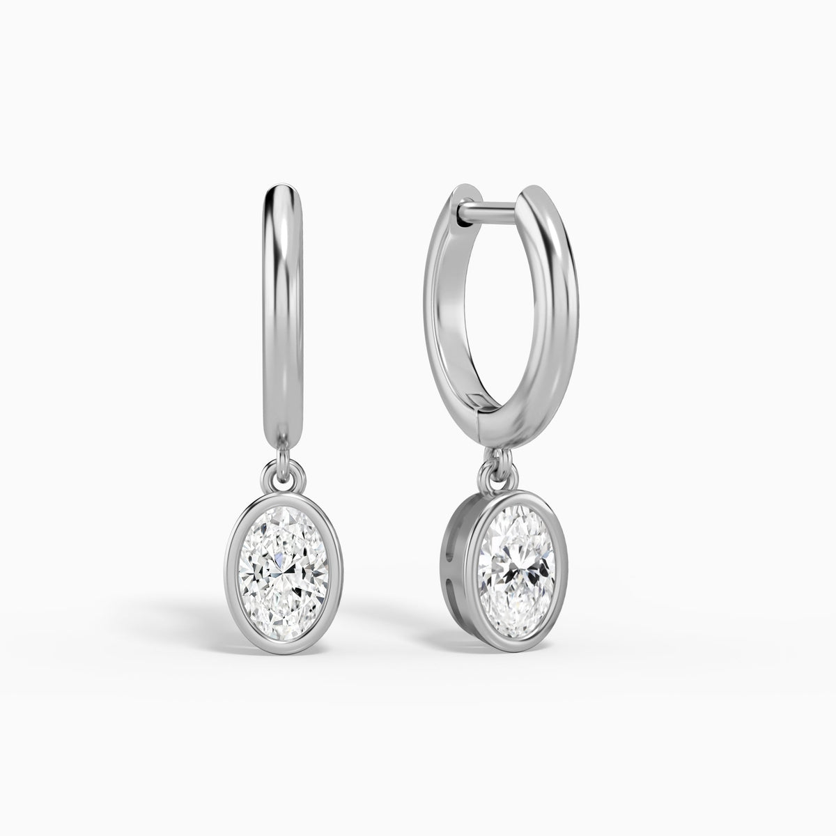 Oval Bezel Drop Huggie Hoop Earrings in 14K White Gold