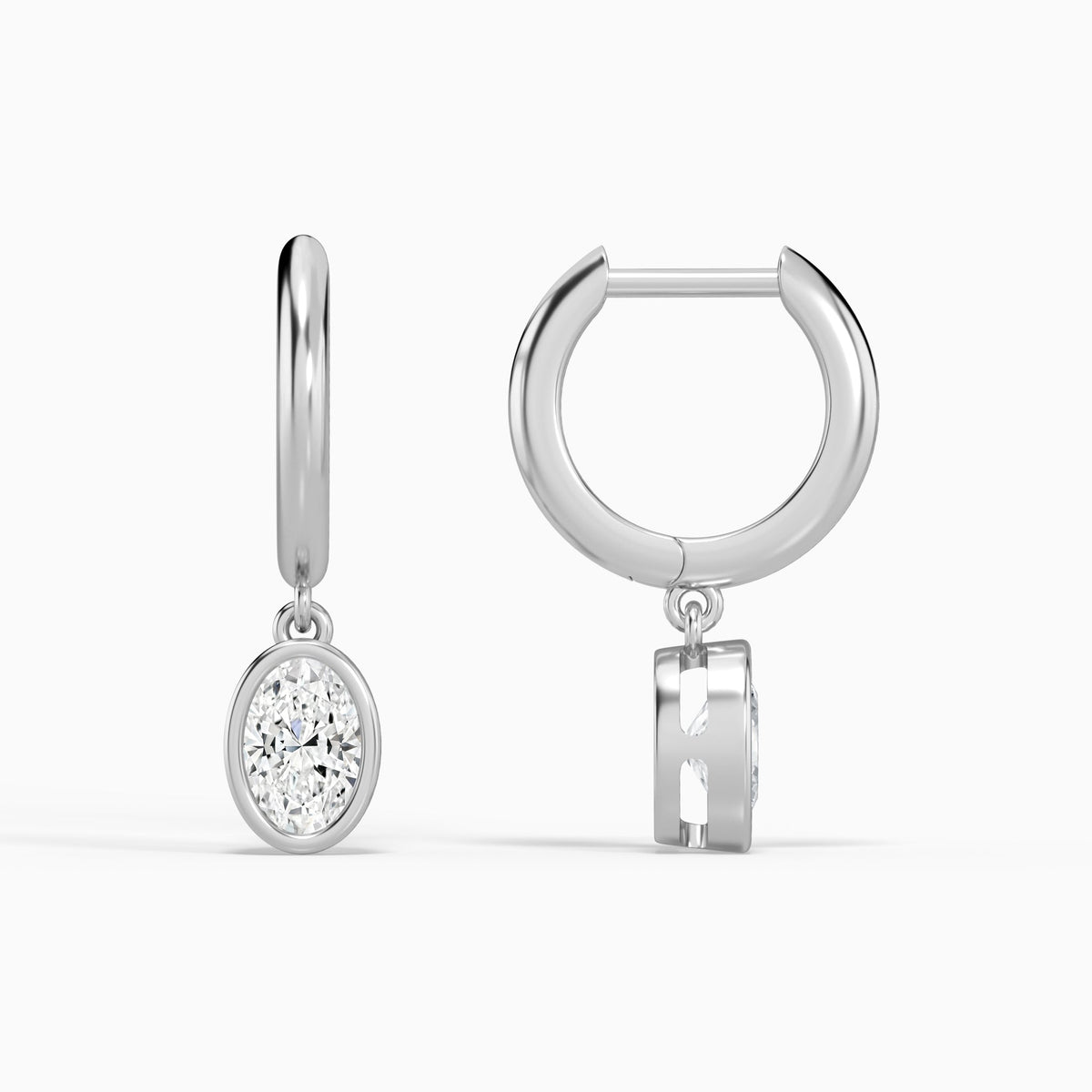 Oval Bezel Drop Huggie Hoop Earrings in 14K White Gold