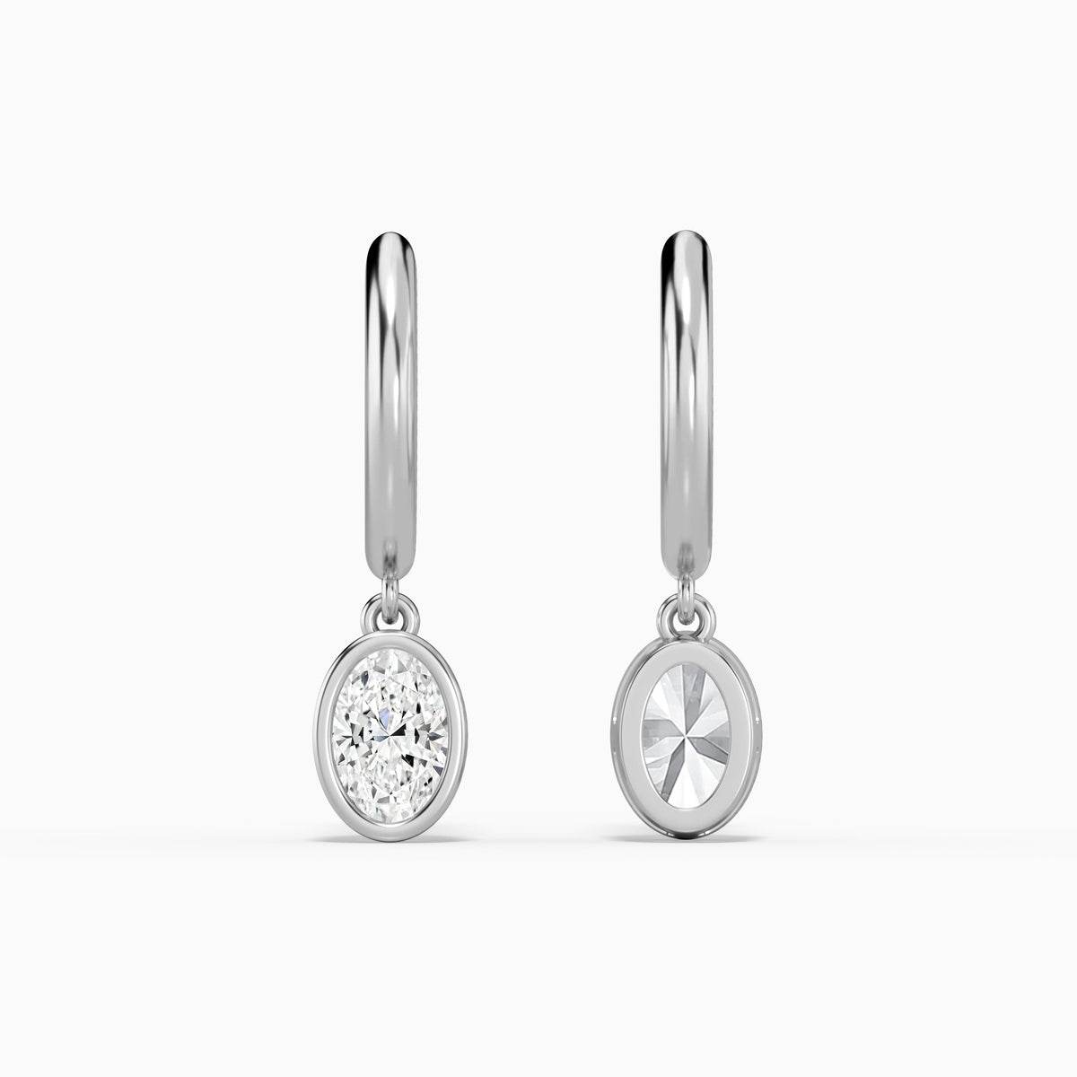 Oval Bezel Drop Huggie Hoop Earrings in 14K White Gold